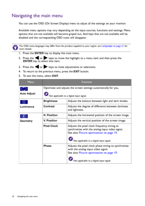 Page 2020  Navigating the main menu  
Navigating the main menu
You can use the OSD (On Screen Display) menu to adjust all the settings on your monitor.
Available menu options may vary depending on the input sources, functions and settings. Menu 
options that are not available will become grayed out. And keys that are not available will be 
disabled and the corresponding OSD icons will disappear.
1.  Press the 
ENTER key to display the main menu.
2.  Press the   or   keys to move the highlight to a menu item and...