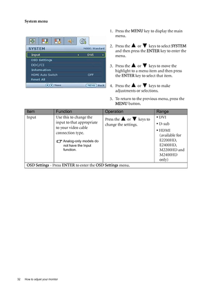 Page 3232  How to adjust your monitor  
System menu
1. Press the MENU key to display the main 
menu.
2. Press the   or   keys to select SYSTEM 
and then press the ENTER key to enter the 
menu.
3. Press the   or   keys to move the 
highlight to a menu item and then press 
the ENTER key to select that item.
4. Press the   or   keys to make 
adjustments or selections.
5. To return to the previous menu, press the 
MENU button.
ItemFunctionOperationRange
Input Use this to change the 
input to that appropriate 
to...