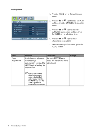 Page 2020  How to adjust your monitor  
Display menu
1. Press the MENU key to display the main 
menu.
2. Press the   or   keys to select DISPLAY 
and then press the ENTER key to enter the 
menu.
3. Press the   or   keys to move the 
highlight to a menu item and then press 
the ENTER key to select that item.
4. Press the   or   keys to make 
adjustments or selections.
5. To return to the previous menu, press the 
MENU button.
ItemFunctionOperationRange
Auto 
AdjustmentOptimizes and adjusts the 
screen settings...
