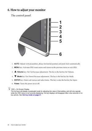 Page 2020  How to adjust your monitor  
6. How to adjust your monitor
The control panel
1.AUTO: Adjusts vertical position, phase, horizontal position and pixel clock automatically.
2.
MENU key: Activates OSD main menu and return to the previous menu or exit OSD.
3. /
Vo l u m e key: For Up/Increase adjustment. The key is the hot key for Volume.
4. /
Mode key: For Down/Decrease adjustment. The key is the hot key for Mode. 
5.
ENTER key: Enters sub menus and select items. This key is also the hot key for Input....