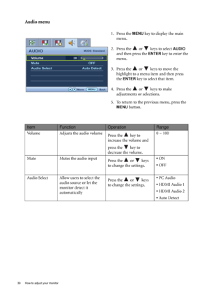 Page 3030  How to adjust your monitor  
Audio menu
1. Press the MENU key to display the main 
menu.
2. Press the   or   keys to select 
AUDIO 
and then press the 
ENTER key to enter the 
menu.
3. Press the   or   keys to move the 
highlight to a menu item and then press 
the 
ENTER key to select that item.
4. Press the   or   keys to make 
adjustments or selections.
5. To return to the previous menu, press the 
MENU button.
AUDIOMODE: Standard
Volume
Mute
Audio Select10
MENUBack Move
OFF
Auto Detect...