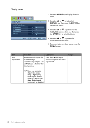 Page 2222  How to adjust your monitor  
Display menu
1. Press the MENU key to display the main 
menu.
2. Press the   or   keys to select 
DISPLAY and then press the ENTER key 
to enter the menu.
3. Press the   or   keys to move the 
highlight to a menu item and then press 
the 
ENTER key to select that item.
4. Press the   or   keys to make 
adjustments or selections.
5. To return to the previous menu, press the 
MENU button.
DISPLAYMODE: Standard
Auto Adjustment
H. Position
V. Position
Pixel Clock
Phase
10
12...