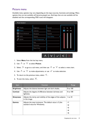 Page 29  29   Navigating the main menu
Picture menu
Available menu options may vary depending on the input sources, functions and settings. Menu 
options that are not available will become grayed out. And keys that are not available will be 
disabled and the corresponding OSD icons will disappear.
1.  Select 
Menu from the hot key menu.
2.  Use   or   to select 
Picture.
3.  Select   to go to a sub menu, and then use   or   to select a menu item.
4.  Use   or   to make adjustments, or use   to make selection....