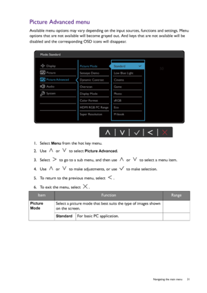 Page 31  31   Navigating the main menu
Picture Advanced menu
Available menu options may vary depending on the input sources, functions and settings. Menu 
options that are not available will become grayed out. And keys that are not available will be 
disabled and the corresponding OSD icons will disappear. 
1.  Select 
Menu from the hot key menu.
2.  Use   or   to select 
Picture Advanced.
3.  Select   to go to a sub menu, and then use   or   to select a menu item.
4.  Use   or   to make adjustments, or use...