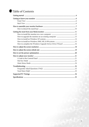 Page 3
3
Ta b l e  o f  C o n t e n t s
Getting started  ...................................................................................................................... 4
Getting to know your monitor  .. .......................................................................................... 6
Front View  ........................................................................\
........................................... 6
Back View...