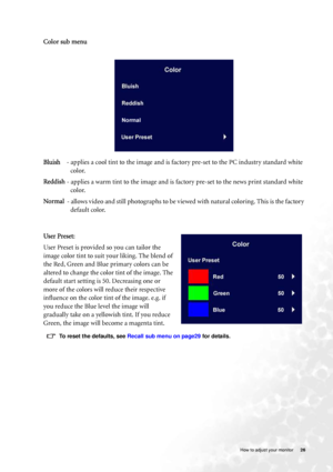 Page 26
  26
   How to adjust your monitor
   
Color sub menu
Bluish     - applies a cool tint to the image and is  factory pre-set to the PC industry standard white 
color.
Reddish  - applies a warm tint to the image and is  factory pre-set to the news print standard white 
color.
Normal   - allows video and still phot ographs to be viewed with natural  coloring. This is the factory 
default color.
User Preset:
User Preset is provided so you can tailor the 
image color tint to suit your liking. The blend of...