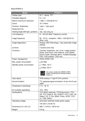 Page 37  37   Specifications
BenQ FP202W A
ModelFP202W A
Display type 
Viewable diagonal 
Native (maximum) resolution
Colors
Contrast / Brightness
Response time 
Viewing angle (left/right, up/down) 20.1”, active, TFT
51.1 cm
1,680 x 1,050 @ 60 Hz *
16.7 million
1000:1 / 300 cd/m
2
5 ms 
160, 160 (CR>
10)
Line frequency 
Image frequency31 - 83 kHz Multi- frequency monitor
56 - 76 Hz,  exception: 1680 x 1050 @ 60 Hz 
(Max.) only
Image diagnostics 
Controls 
FunctionsAnalog, OSD Technology, 
i  key (automatic...