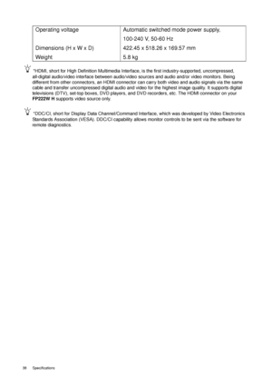 Page 3838 Specifications  
*HDMI, short for High Definition Multimedia Interface, is the first industry-supported, uncompressed, 
all-digital audio/video interface between audio/video sources and audio and/or video monitors. Being 
different from other connectors, an HDMI connector can carry both video and audio signals via the same 
cable and transfer uncompressed digital audio and video for the highest image quality. It supports digital 
televisions (DTV), set-top boxes, DVD players, and DVD recorders, etc....