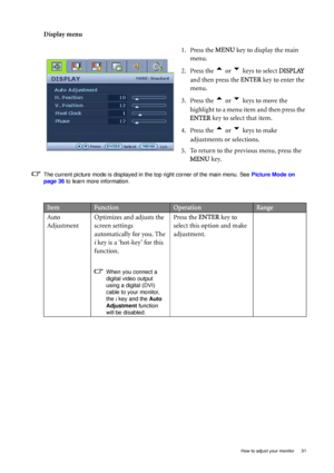 Page 31
  31
  How to adjust your monitor
Display menu
The current picture mode is displayed in the top right corner of the main menu. See  Picture Mode on 
page 36  to learn more information.
1. Press the  MENU key to display the main 
menu.
2. Press the 
t or u keys to select  DISPLAY 
and then press the  ENTER key to enter the 
menu.
3. Press the 
t or u keys to move the 
highlight to a menu item and then press the 
ENTER  key to select that item.
4. Press the 
t or u keys to make 
adjustments or...