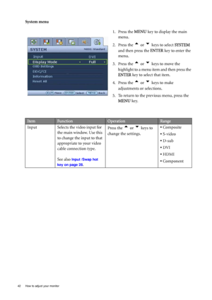 Page 4242  How to adjust your monitor  
System menu
1. Press the MENU key to display the main 
menu.
2. Press the 
t or u keys to select SYSTEM 
and then press the ENTER key to enter the 
menu.
3. Press the 
t or u keys to move the 
highlight to a menu item and then press the 
ENTER key to select that item.
4. Press the 
t or u keys to make 
adjustments or selections.
5. To return to the previous menu, press the 
MENU key.
ItemFunctionOperationRange
Input Selects the video input for 
the main window. Use this...