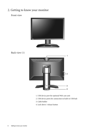 Page 66  Getting to know your monitor  
2. Getting to know your monitor
Front view
Back view (1)
1. USB device port for optional Web cam unit
2. USB device ports for connection to built-in USB hub
3. Cable holder
4. Lock down / release button
 