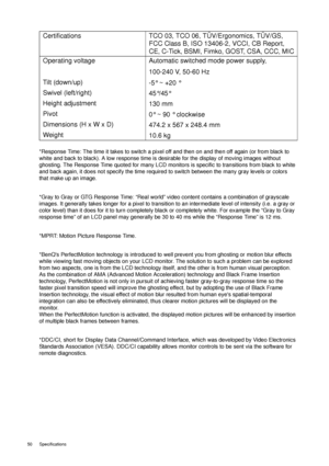 Page 5050 Specifications  
*Response Time: The time it takes to switch a pixel off and then on and then off again (or from black to 
white and back to black). A low response time is desirable for the display of moving images without 
ghosting. The Response Time quoted for many LCD monitors is specific to transitions from black to white 
and back again, it does not specify the time required to switch between the many gray levels or colors 
that make up an image. 
*Gray to Gray or GTG Response Time: “Real world”...