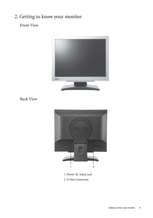 Page 5  5   Getting to know your monitor
2. Getting to know your monitor
Front View
Back View 
1. Power AC input jack
2. D-Sub Connector
1                                2
 