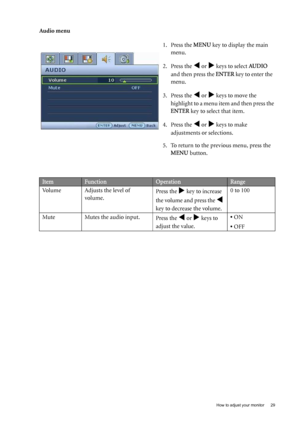 Page 29  29   How to adjust your monitor
Audio menu
1. Press the MENU key to display the main 
menu.
2. Press the 
W or X keys to select AUDIO 
and then press the ENTER key to enter the  
menu.
3. Press the 
W or X keys to move the 
highlight to a menu item and then press the 
ENTER key to select that item.
4. Press the 
W or X keys to make 
adjustments or selections.
5. To return to the previous menu, press the 
MENU button.
ItemFunctionOperationRange
Volume Adjusts the level of 
volume. Press the 
X key to...