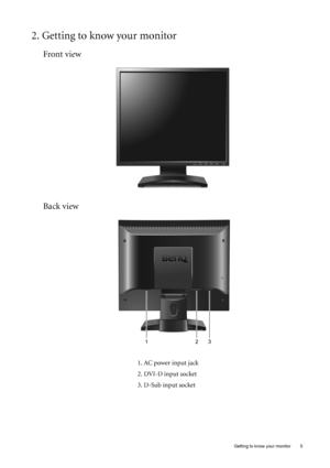 Page 5  5   Getting to know your monitor
2. Getting to know your monitor
Front view
Back view 
1. AC power input jack
2. DVI-D input socket
3. D-Sub input socket
 