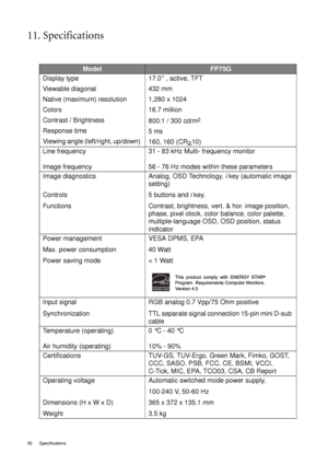 Page 30
30 Specifications  
11. Specifications
ModelFP75G
Display type 
Viewable diagonal 
Native (maximum) resolution
Colors
Contrast / Brightness
Response time
Viewing angle (left/right, up/down)  17.0
” , active, TFT
432 mm
1,280 x 1024
16.7 million
800:1 / 300 cd/m
2
5 ms 
160, 160 (CR>
10)
Line frequency 
Image frequency 31 - 83 kHz Multi- 
frequency monitor
56 - 76 Hz modes within these parameters
Image diagnostics
Controls 
Functions Analog, OSD Technology,
 i  key (automatic image 
setting)  
5 buttons...