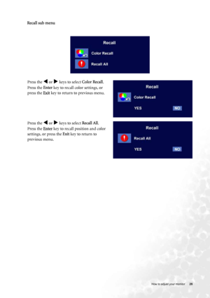 Page 28  28   How to adjust your monitor
  
 
Recall sub menu
Press the W or X keys to select Color Recall.
Press the Enter key to recall color settings, or 
press the Exit key to return to previous menu.
Press the 
W or X keys to select Recall All.
Press the Enter key to recall position and color 
settings, or press the Exit key to return to 
previous menu.
 