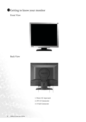 Page 55 Getting to know your monitor   
Getting to know your monitor
Front View
Back View 
1. Power AC input jack
2. DVI-D Connector
3. D-Sub Connector
11
12
1                                         2            3
 