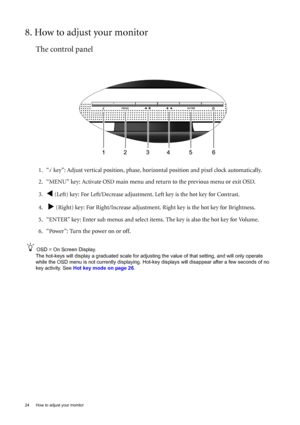 Page 2424  How to adjust your monitor  
8. How to adjust your monitor
The control panel
1. “i  key”: Adjust vertical position, phase, horizontal position and pixel clock automatically.
2. “MENU” key: Activate OSD main menu and return to the previous menu or exit OSD.
3.
W (Left) key: For Left/Decrease adjustment. Left key is the hot key for Contrast.
4.  
X (Right) key: For Right/Increase adjustment. Right key is the hot key for Brightness.
5. “ENTER” key: Enter sub menus and select items. The key is also the...