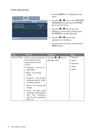 Page 3232  How to adjust your monitor  
Picture Advanced menu
1. Press the MENU key to display the main 
menu.
2. Press the 
W or X keys to select PICTURE 
ADVANCED and then press the ENTER 
key to enter the menu.
3. Press the 
W or X keys to move the 
highlight to a menu item and then press 
the ENTER key to select that item.
4. Press the 
W or X keys to make 
adjustments or selections.
5. To return to the previous menu, press the 
MENU button.
ItemFunctionOperationRange
Picture Mode
Selects a picture mode...