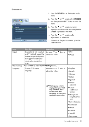 Page 31  31   How to adjust your monitor
System menu
1. Press the MENU key to display the main 
menu.
2. Press the 
t or u keys to select SYSTEM 
and then press the ENTER key to enter the 
menu.
3. Press the 
t or u keys to move the 
highlight to a menu item and then press the 
ENTER key to select that item.
4. Press the 
t or u keys to make 
adjustments or selections.
5. To return to the previous menu, press the 
MENU button.
ItemFunctionOperationRange
Input Selects the D-sub (analog)
or DVI (digital) input....