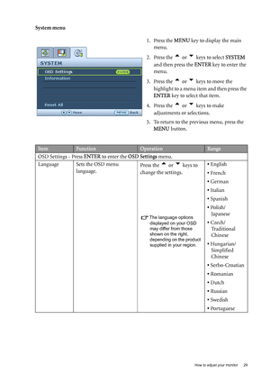 Page 29  29   How to adjust your monitor
System menu
1. Press the MENU key to display the main 
menu.
2. Press the 
t or u keys to select SYSTEM 
and then press the ENTER key to enter the 
menu.
3. Press the 
t or u keys to move the 
highlight to a menu item and then press the 
ENTER key to select that item.
4. Press the 
t or u keys to make 
adjustments or selections.
5. To return to the previous menu, press the 
MENU button.
ItemFunctionOperationRange
OSD Settings - Press ENTER to enter the OSD Settings...