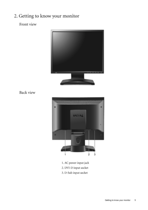 Page 5  5   Getting to know your monitor
2. Getting to know your monitor
Front view
Back view 
1. AC power input jack
2. DVI-D input socket
3. D-Sub input socket
 