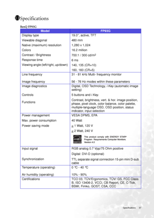 Page 37  37   Specifications
Specifications
BenQ FP93G
11
111
ModelFP93G
Display type 
Viewable diagonal 
Native (maximum) resolution
Colors
Contrast / Brightness
Response time 
Viewing angle (left/right, up/down) 19.0”, active, TFT
480 mm
1,280 x 1,024
16.2 million
700:1 / 300 cd/m
2
6 ms 
140, 135 (CR=10)
160, 160 (CR=5)
Line frequency 
Image frequency31 - 81 kHz Multi- frequency monitor
56 - 76 Hz modes within these parameters
Image diagnostics
Controls 
FunctionsDigital, OSD Technology, i Key (automatic...