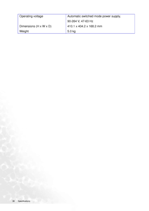 Page 3838 Specifications  
Operating voltage 
Dimensions (H x W x D) 
WeightAutomatic switched mode power supply, 
90-264 V, 47-63 Hz
410.1 x 404.2 x 168.2 mm
5.0 kg
 