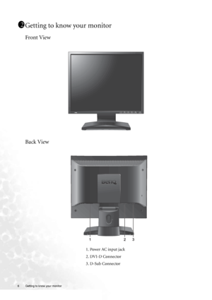 Page 66  Getting to know your monitor  
Getting to know your monitor
Front View
Back View 
1. Power AC input jack
2. DVI-D Connector
3. D-Sub Connector
11
12
 