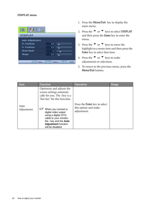 Page 24
24  How to adjust your monitor  
DISPLAY menu1. Press the Menu/Exit key to display the 
main menu.
2. Press the 
t or u keys to select  DISPLAY 
and then press the  Enter key to enter the 
menu.
3. Press the 
t or u keys to move the 
highlight to a menu item and then press the 
Enter  key to select that item.
4. Press the 
t or u keys to make 
adjustments or selections.
5. To return to the previous menu, press the  Menu/Exit  button.
ItemFunctionOperationRange
Auto 
Adjustment Optimizes and adjusts the...