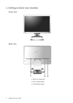 Page 6
6  Getting to know your monitor  
2. Getting to know your monitor
Front view
Back view
1. Power AC input jack
2. DVI-D input socket
3. D-Sub input socket
 