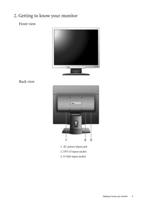 Page 5  5   Getting to know your monitor
2. Getting to know your monitor
Front view
Back view 
1. AC power input jack
2. DVI-D input socket
3. D-Sub input socket
 