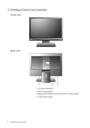 Page 6
6  Getting to know your monitor  
2. Getting to know your monitor
Front view
Back view 
1. AC power input jack
2. DVI-D input socket 
(Analog-only models do not have the DVI-D input socket) 
3. D-Sub input socket
 