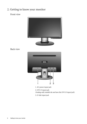 Page 66  Getting to know your monitor  
2. Getting to know your monitor
Front view
Back view 
1. AC power input jack
2. DVI-D input jack 
(Analog-only models do not have the DVI-D input jack) 
3. D-Sub input jack
 