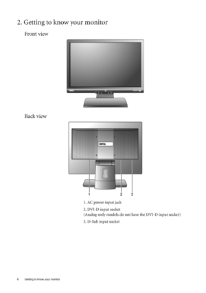 Page 66  Getting to know your monitor  
2. Getting to know your monitor
Front view
Back view 
1. AC power input jack
2. DVI-D input socket 
(Analog-only models do not have the DVI-D input socket) 
3. D-Sub input socket
 