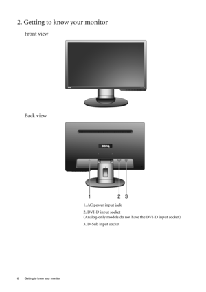 Page 66  Getting to know your monitor  
2. Getting to know your monitor
Front view
Back view 
1. AC power input jack
2. DVI-D input socket 
(Analog-only models do not have the DVI-D input socket) 
3. D-Sub input socket
 