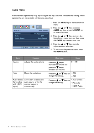 Page 3434  How to adjust your monitor  
Audio menu
Available menu options may vary depending on the input sources, functions and settings. Menu 
options that are not available will become grayed out.
1.  Press the 
MENU key to display the main 
menu.
2.  Press the   or   keys to select 
AUDIO and then press the ENTER key 
to enter the menu.
3.  Press the   or   keys to move the 
highlight to a menu item and then press 
the 
ENTER key to select that item.
4.  Press the   or   keys to make 
adjustments or...