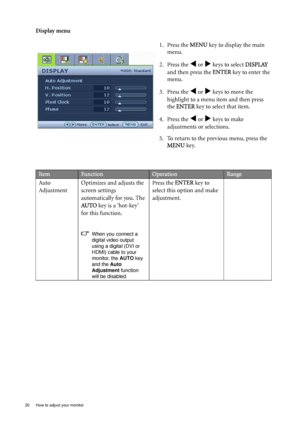 Page 2020  How to adjust your monitor  
Display menu1. Press the MENU key to display the main 
menu.
2. Press the 
W or X keys to select  DISPLAY 
and then press the  ENTER key to enter the 
menu.
3. Press the 
W or X keys to move the 
highlight to a menu item and then press 
the  ENTER  key to select that item.
4. Press the 
W or X keys to make 
adjustments or selections.
5. To return to the previous menu, press the  MENU  key.
ItemFunctionOperationRange
Auto 
Adjustment Optimizes and adjusts the 
screen...