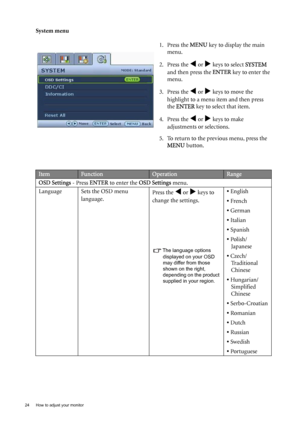 Page 2424  How to adjust your monitor  
System menu
1. Press the MENU key to display the main 
menu.
2. Press the 
W or X keys to select SYSTEM 
and then press the ENTER key to enter the 
menu.
3. Press the 
W or X keys to move the 
highlight to a menu item and then press 
the ENTER key to select that item.
4. Press the 
W or X keys to make 
adjustments or selections.
5. To return to the previous menu, press the 
MENU button.
ItemFunctionOperationRange
OSD Settings - Press ENTER to enter the OSD Settings menu....