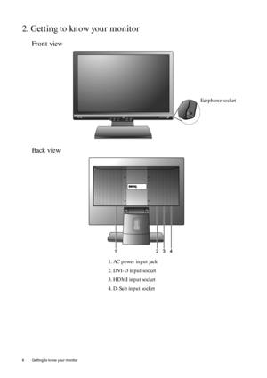 Page 6
6  Getting to know your monitor  
2. Getting to know your monitor
Front view
Back view 
1. AC power input jack
2. DVI-D input socket 
3. HDMI input socket
4. D-Sub input socket
Earphone socket
 