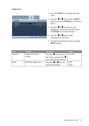 Page 27
  27
  How to adjust your monitor
Audio menu
1. Press the MENU key to display the main 
menu.
2. Press the 
W or X keys to select  AUDIO 
and then press the  ENTER key to enter the 
menu.
3. Press the 
W or X keys to move the 
highlight to a menu item and then press 
the  ENTER  key to select that item.
4. Press the 
W or Xkeys to make 
adjustments or selections.
5. To return to the previous menu, press the  MENU  button.
ItemFunctionOperationRange
Volume Adjusts the level of  volume.  Press the  
X key...