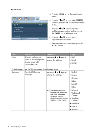 Page 2828  How to adjust your monitor  
System menu
1. Press the MENU key to display the main 
menu.
2. Press the 
W or X keys to select SYSTEM 
and then press the ENTER key to enter the 
menu.
3. Press the 
W or X keys to move the 
highlight to a menu item and then press 
the ENTER key to select that item.
4. Press the 
W or X keys to make 
adjustments or selections.
5. To return to the previous menu, press the 
MENU button.
ItemFunctionOperationRange
Input Use this to change the 
input to that appropriate 
to...