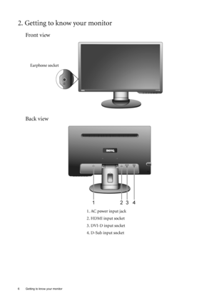 Page 66  Getting to know your monitor  
2. Getting to know your monitor
Front view
Back view 
1. AC power input jack
2. HDMI input socket 
3. DVI-D input socket 
4. D-Sub input socket
Earphone socket
 