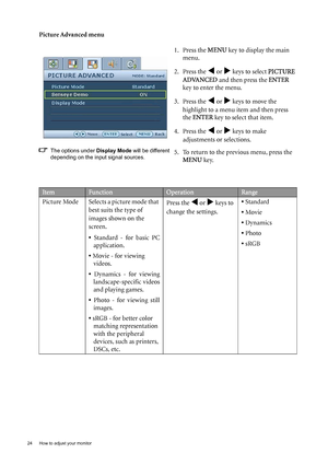 Page 2424  How to adjust your monitor  
Picture Advanced menu
The options under Display Mode will be different 
depending on the input signal sources.
1. Press the MENU key to display the main 
menu.
2. Press the 
W or X keys to select PICTURE 
ADVANCED and then press the ENTER 
key to enter the menu.
3. Press the 
W or X keys to move the 
highlight to a menu item and then press 
the ENTER key to select that item.
4. Press the 
W or X keys to make 
adjustments or selections.
5. To return to the previous menu,...