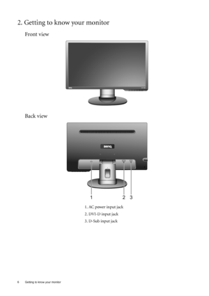 Page 66  Getting to know your monitor  
2. Getting to know your monitor
Front view
Back view 
1. AC power input jack
2. DVI-D input jack 
3. D-Sub input jack
 