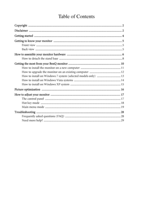 Page 3Table of Contents
Copyright .............................................................................................................................. 2
Disclaimer ............................................................................................................................. 2
Getting started  ...................................................................................................................... 4
Getting to know your monitor...