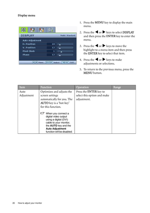 Page 2020  How to adjust your monitor  
Display menu1. Press the MENU key to display the main 
menu.
2. Press the 
W or X keys to select  DISPLAY 
and then press the  ENTER key to enter the 
menu.
3. Press the 
W or X keys to move the 
highlight to a menu item and then press 
the  ENTER  key to select that item.
4. Press the 
W or X keys to make 
adjustments or selections.
5. To return to the previous menu, press the  MENU  button.
ItemFunctionOperationRange
Auto 
Adjustment Optimizes and adjusts the 
screen...