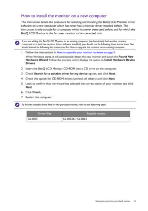 Page 15  15   Getting the most from your BenQ monitor
How to install the monitor on a new computer
This instruction details the procedure for selecting and installing the BenQ LCD Monitor driver 
software on a new computer which has never had a monitor driver installed before. This 
instruction is only suitable for a computer which has never been used before, and for which the 
BenQ LCD Monitor is the first ever monitor to be connected to it.
1.  Follow the instructions in
 How to assemble your monitor hardware...