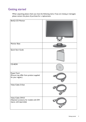 Page 5  5   Getting started
Getting started
When unpacking please check you have the following items. If any are missing or damaged, 
please contact the place of purchase for a replacement.
 
BenQ LCD Monitor
Monitor Base
Quick Start Guide
 
CD-ROM
 
Power Cord
(Picture may differ from product supplied 
for your region.)
Video Cable: D-Sub 
Video Cable: DVI-D
(Optional accessory for models with DVI 
inputs, sold separately)
 